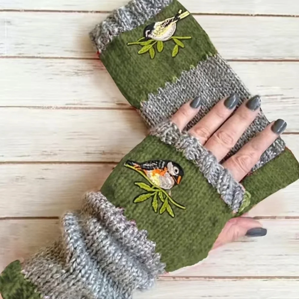 Fingerless Gloves Thumb Holes Black &  Gray Grey Embroidered Birds Mittens NEW